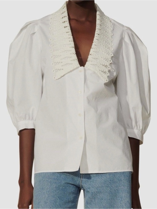 Sandro Tops - Sandro White Cotton Blouse with Lace-Trim Collar